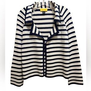 St. John Wool Blend Knit Open Front Cardigan Striped Navy Blue Ivory Size S